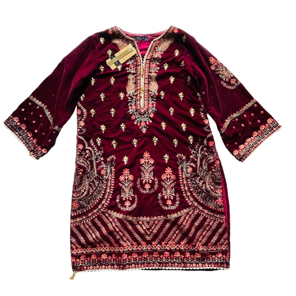 Pakistani Designer BIN SAEED Velvet Embroidered Kurti Shirt Kameez Formal Sz L